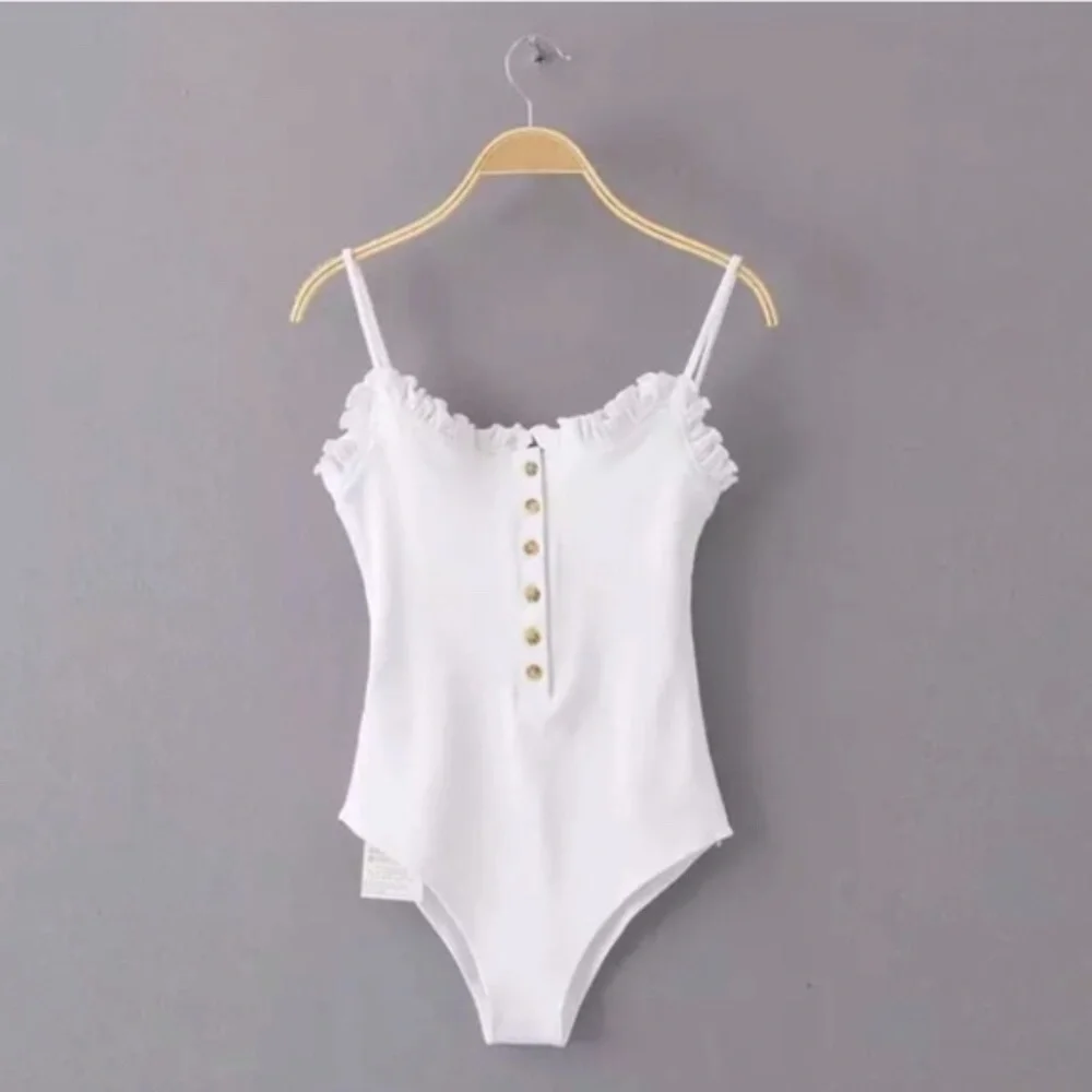 SOLD OUT The Cutest White Ribbed Button Ruffled Bodysuit - Picture 3 of 6